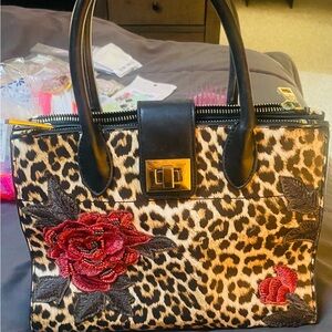 bebe Leopard Print Satchel with Red Floral Accents